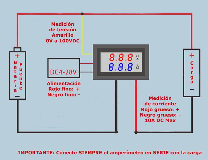 Voltimetro Amperimetro y shunt 100V 50A Digital DC Rojo Azul